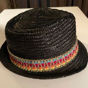 J.Dempsey Black straw short brim fedora hat with multi color ribbon